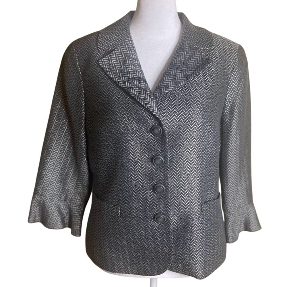 Doncaster Herringbone Blazer Womens 8 Silver Excellent Metallic Ruffle Sleeve
